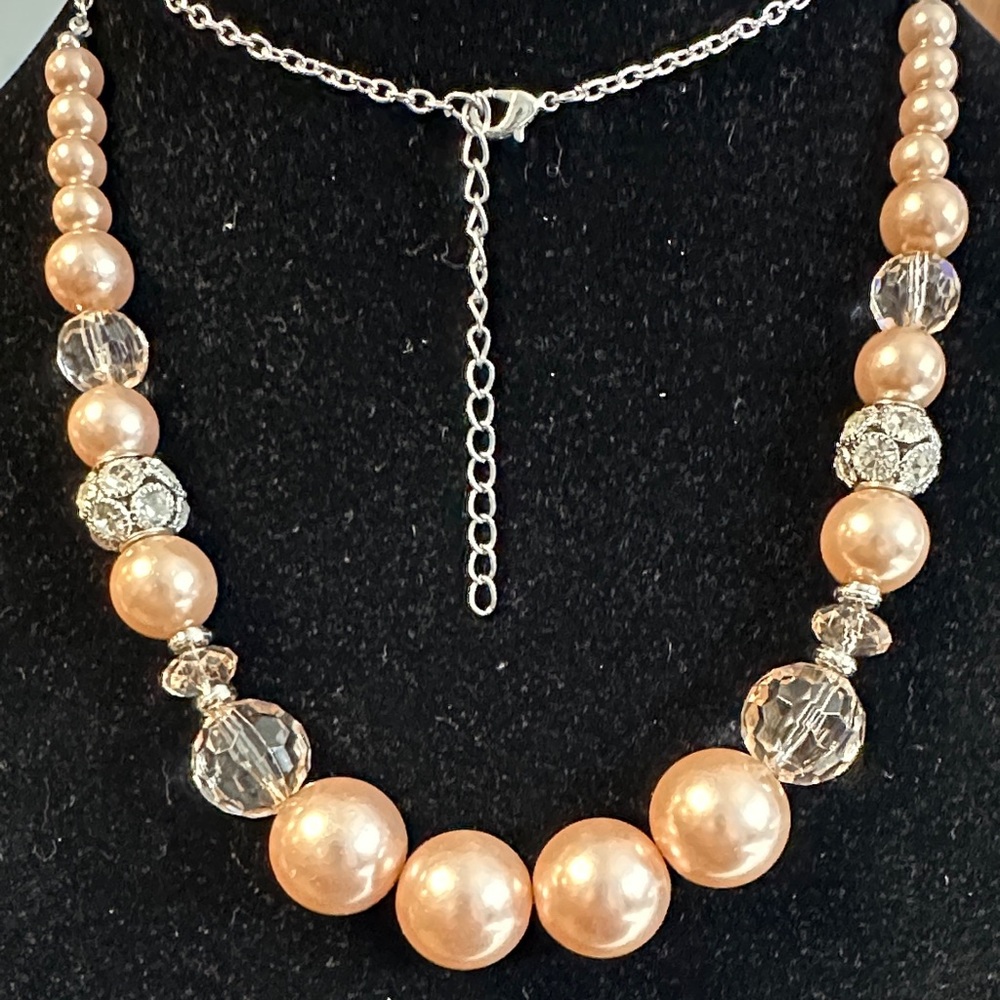 Pearl - Vtge. faux champagne Pearl Crystal and silver rhinestone bead 36” #241